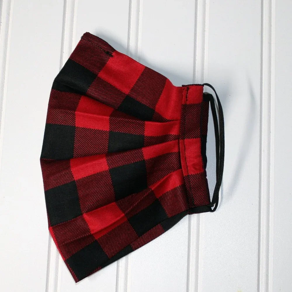 HAND CRAFTED Face Mask Plaid Red Black Buffalo Adult Cloth Fabric Print - Pocket